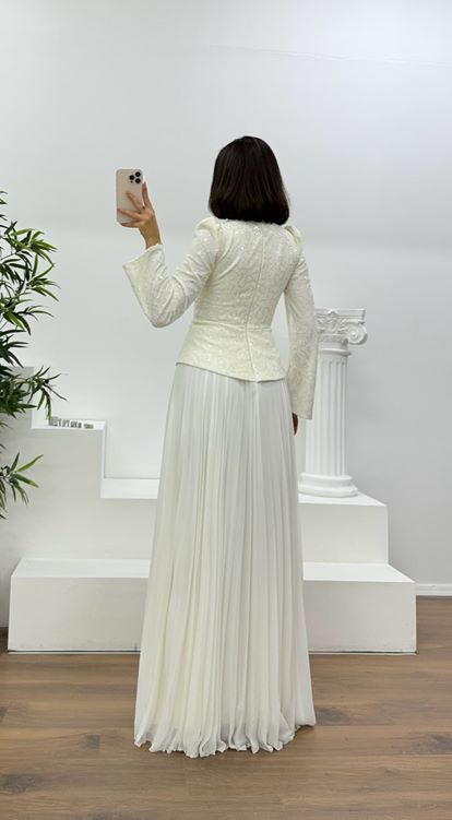 Bone framed lace trimmed pleated modest evening dress