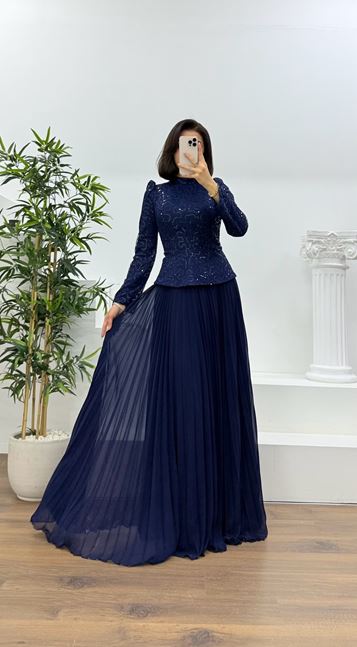 Navy Blue Lace Pleated Modest Evening Dress