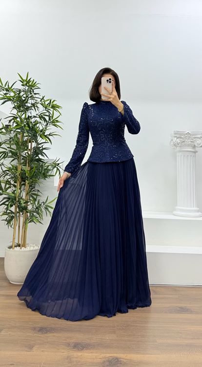 Navy Blue Lace Pleated Modest Evening Dress