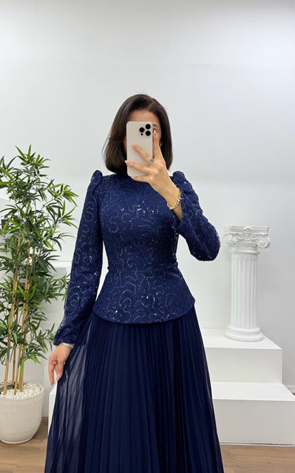Navy Blue Lace Pleated Modest Evening Dress