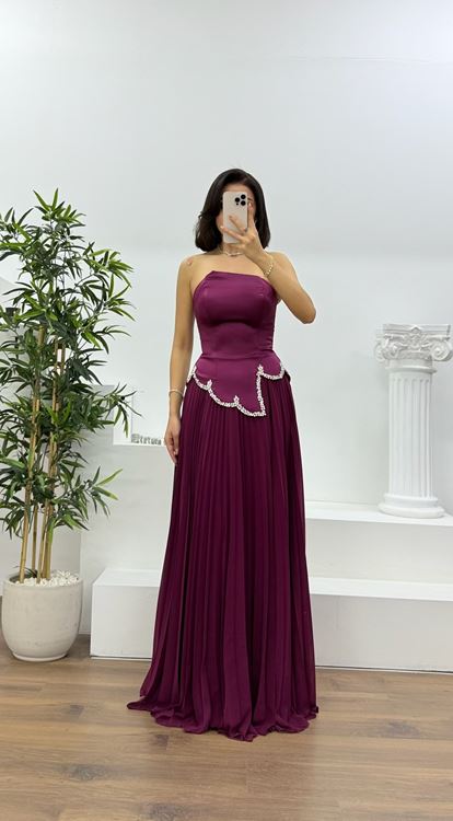 Şarabi Pliseli Taş Detaylı Staplez Abiye Elbise