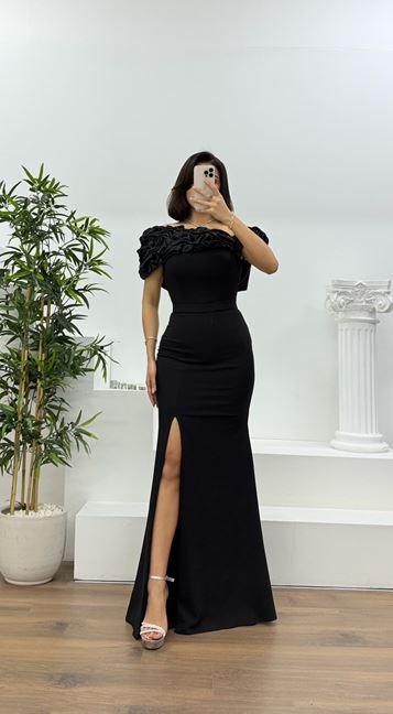 Black Boat Neck Ruffled Evening Dress