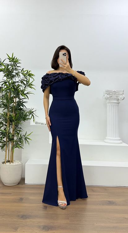 Lacivert Kayık Yaka Fırfırlı Abiye Elbise