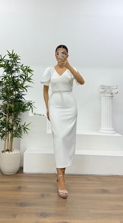 Kemik Pelerin Kol Payet Detaylı Abiye Elbise