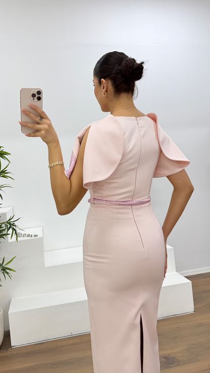 Somon Pelerin Kol Payet Detaylı Abiye Elbise