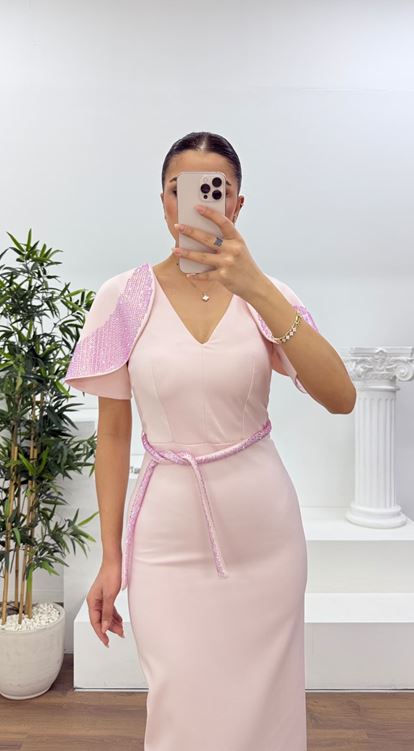 Somon Pelerin Kol Payet Detaylı Abiye Elbise