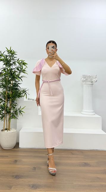 Salmon Cape Sleeve Sequin Detail Evening Dress