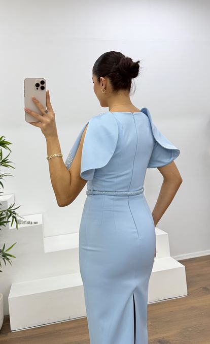 Mavi Pelerin Kol Payet Detaylı Abiye Elbise