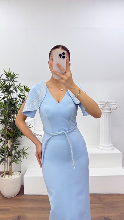 Mavi Pelerin Kol Payet Detaylı Abiye Elbise