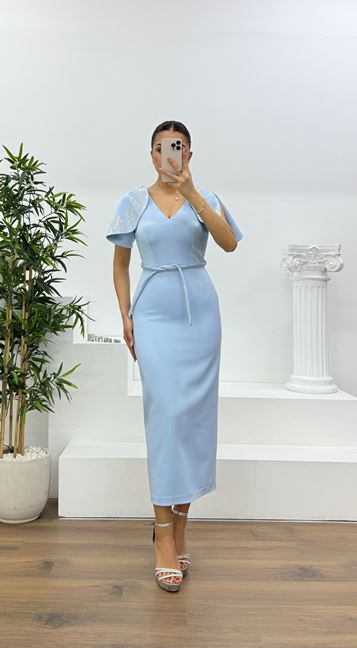 Blue Cape Sleeve Sequin Detail Evening Dress