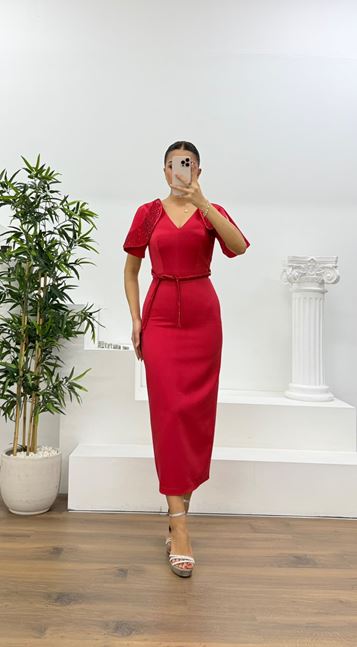 Red Cape Sleeve Evening Dress with Sequin Details