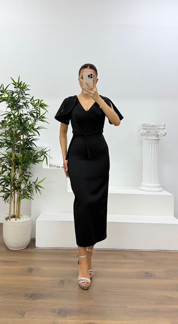 Black Cape Sleeve Evening Dress with Sequin Details