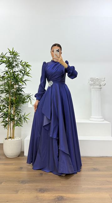 Lacivert Janjan Gül Detaylı Tesettür Abiye Elbise