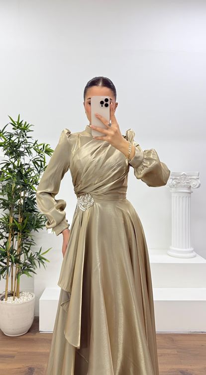 Gold Janjan Gül Detaylı Tesettür Abiye Elbise