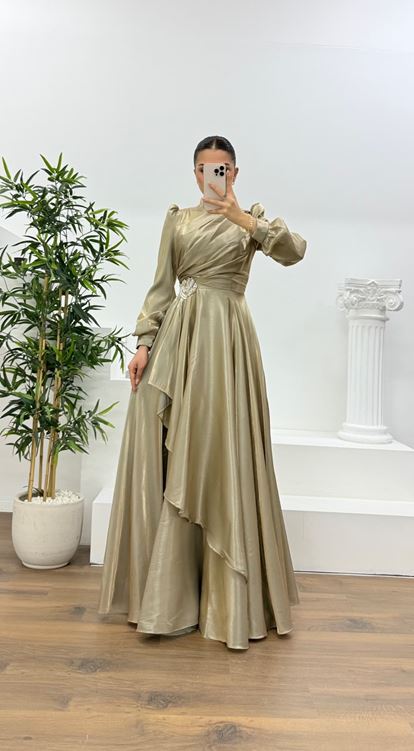 Gold Janjan Gül Detaylı Tesettür Abiye Elbise