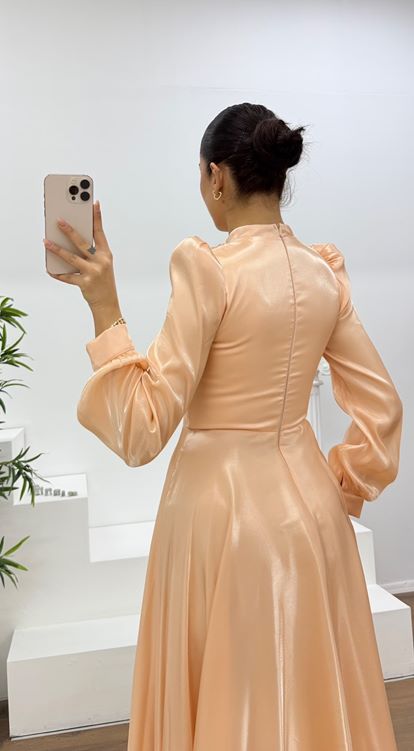 Yavruağzı Janjan Gül Detaylı Tesettür Abiye Elbise