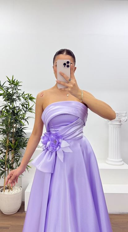 Lila Çiçek Detaylı Drapeli Şifon Abiye Elbise