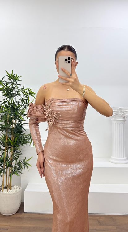 Ten Tek Omuz Pile Kollu Taş Aplikeli Abiye Elbise