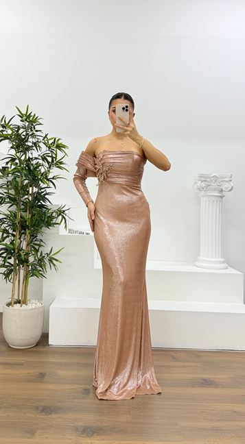 Ten Tek Omuz Pile Kollu Taş Aplikeli Abiye Elbise