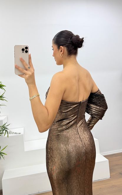 Bakır Tek Omuz Pile Kollu Taş Aplikeli Abiye Elbise