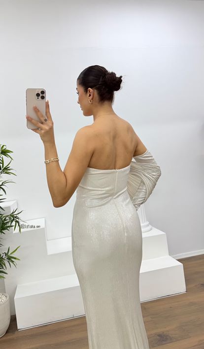 Kemik Tek Omuz Pile Kollu Taş Aplikeli Abiye Elbise