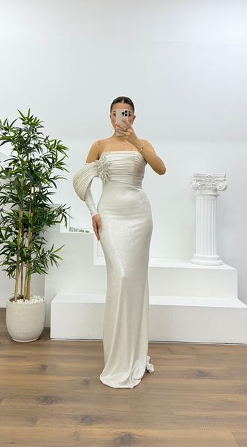 Kemik Tek Omuz Pile Kollu Taş Aplikeli Abiye Elbise