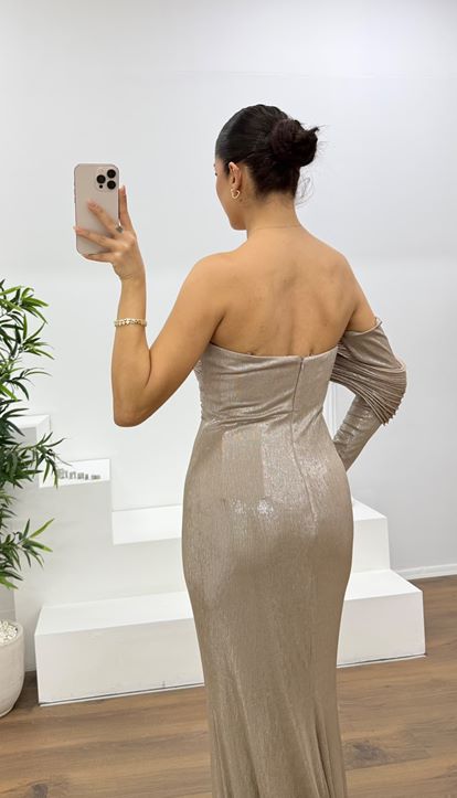 Nude Tek Omuz Pile Kollu Taş Aplikeli Abiye Elbise