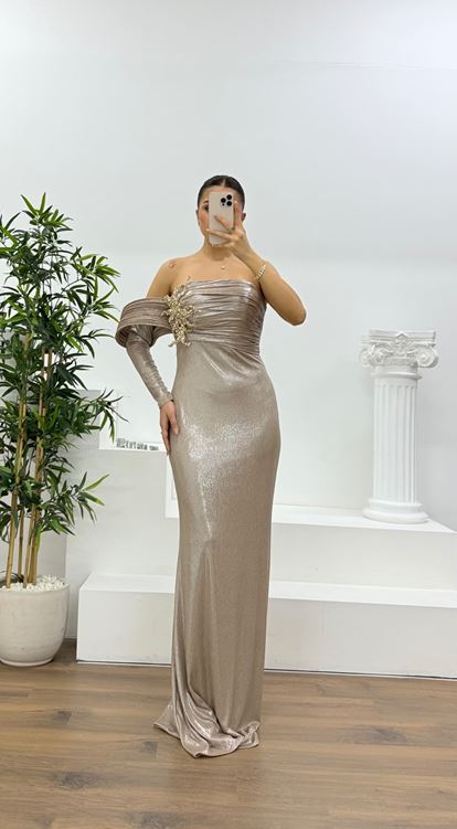 Nude Tek Omuz Pile Kollu Taş Aplikeli Abiye Elbise