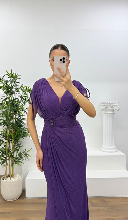 Mürdüm V Yaka Simli Kalın Askılı  Abiye Elbise