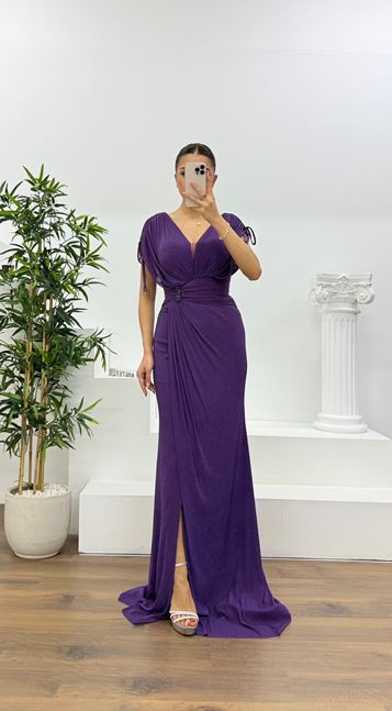 Mürdüm V Yaka Simli Kalın Askılı  Abiye Elbise