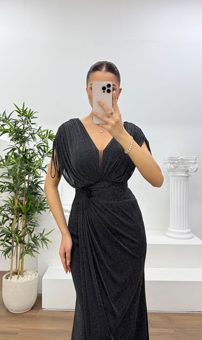 Siyah V Yaka Simli Kalın Askılı  Abiye Elbise