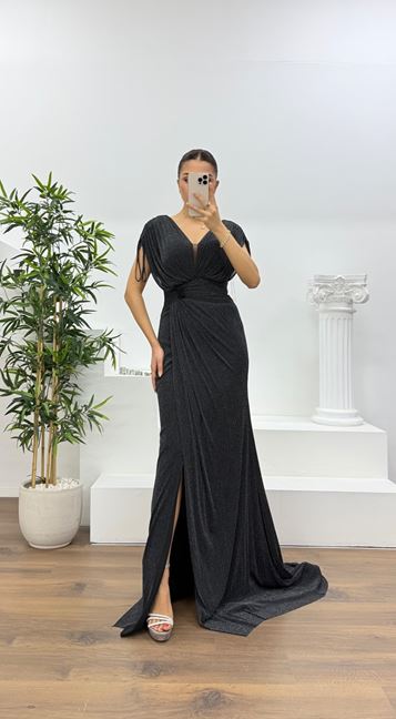 Siyah V Yaka Simli Kalın Askılı  Abiye Elbise