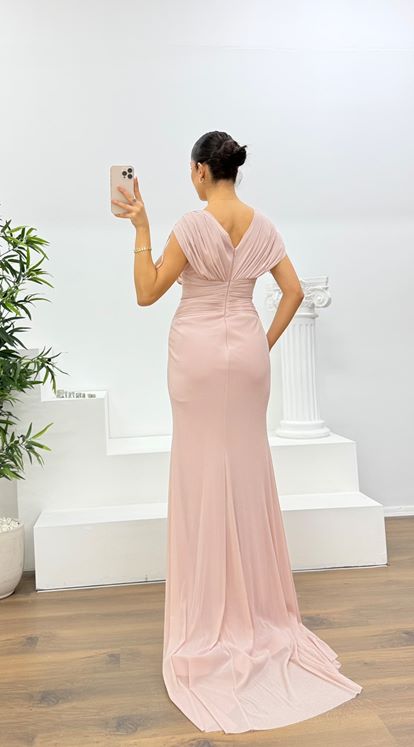 Pudra V Yaka Simli Kalın Askılı  Abiye Elbise