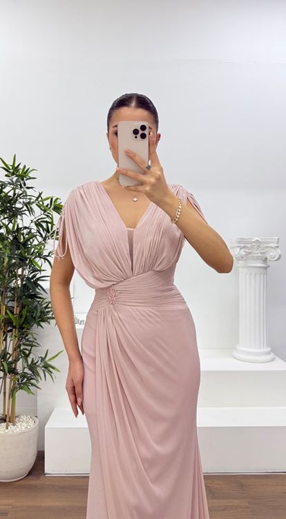 Pudra V Yaka Simli Kalın Askılı  Abiye Elbise