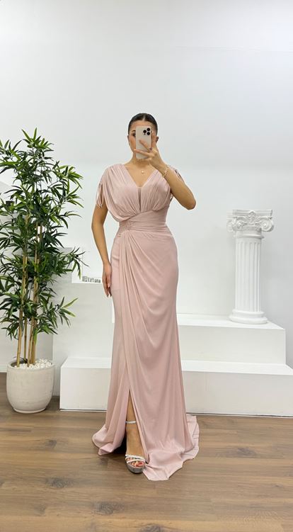 Pudra V Yaka Simli Kalın Askılı  Abiye Elbise