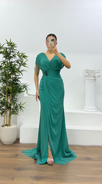 Yeşil V Yaka Simli Kalın Askılı  Abiye Elbise