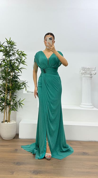 Yeşil V Yaka Simli Kalın Askılı  Abiye Elbise