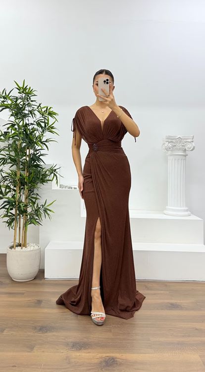 Kahverengi  V Yaka Simli Kalın Askılı  Abiye Elbise