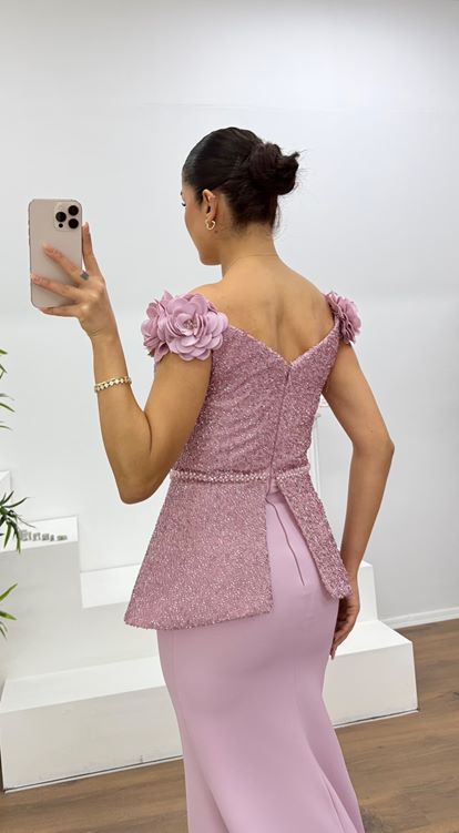 Pudra Simli Çiçek Askılı Peplum Kesim Uzun Abiye Elbise