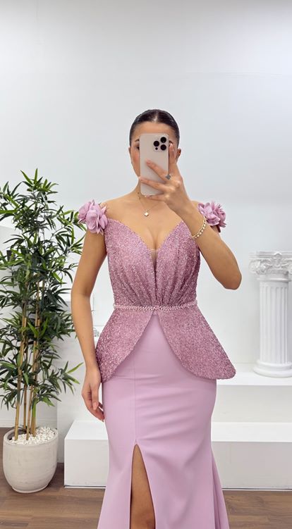 Pudra Simli Çiçek Askılı Peplum Kesim Uzun Abiye Elbise