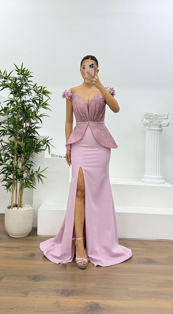 Pudra Simli Çiçek Askılı Peplum Kesim Uzun Abiye Elbise