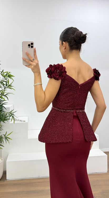 Bordo Simli Çiçek Askılı Peplum Kesim Uzun Abiye Elbise