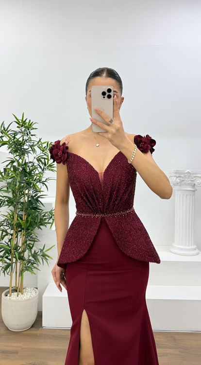 Bordo Simli Çiçek Askılı Peplum Kesim Uzun Abiye Elbise