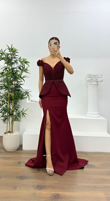 Bordo Simli Çiçek Askılı Peplum Kesim Uzun Abiye Elbise
