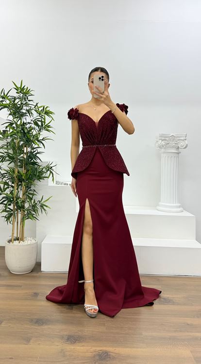 Bordo Simli Çiçek Askılı Peplum Kesim Uzun Abiye Elbise