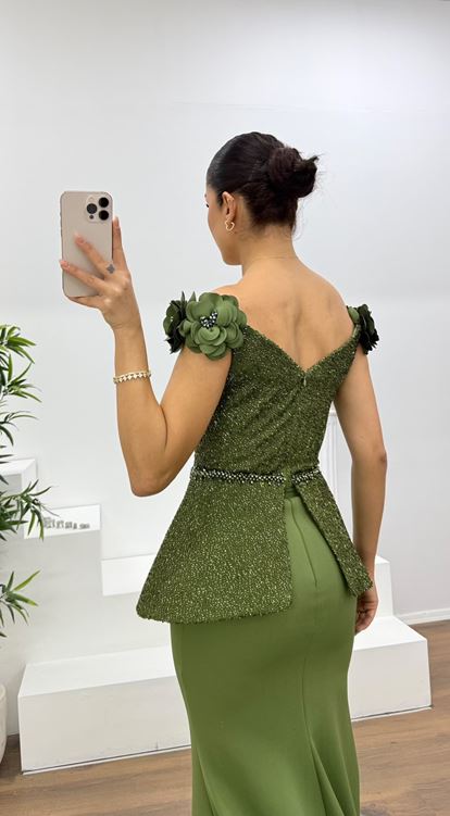 Olive Simli Çiçek Askılı Peplum Kesim Uzun Abiye Elbise