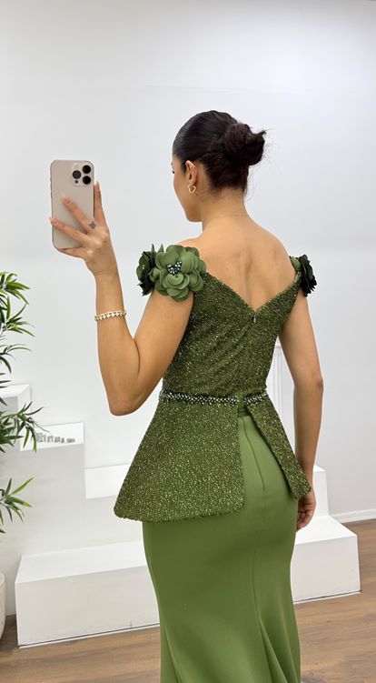 Olive Simli Çiçek Askılı Peplum Kesim Uzun Abiye Elbise