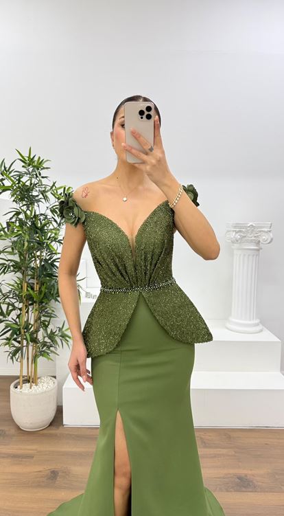 Olive Simli Çiçek Askılı Peplum Kesim Uzun Abiye Elbise