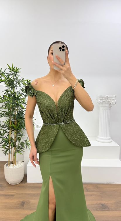 Olive Simli Çiçek Askılı Peplum Kesim Uzun Abiye Elbise