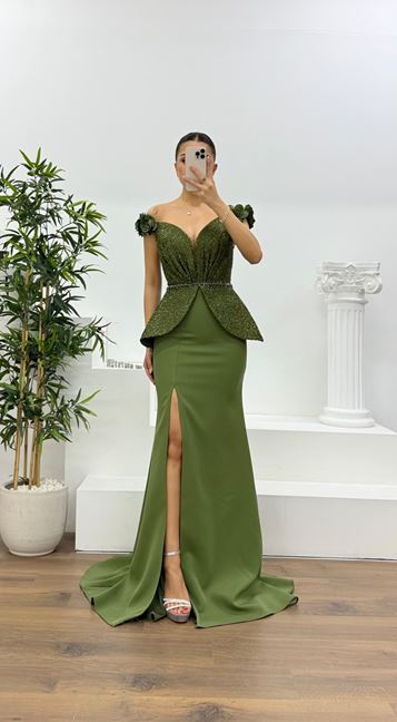 Olive Simli Çiçek Askılı Peplum Kesim Uzun Abiye Elbise